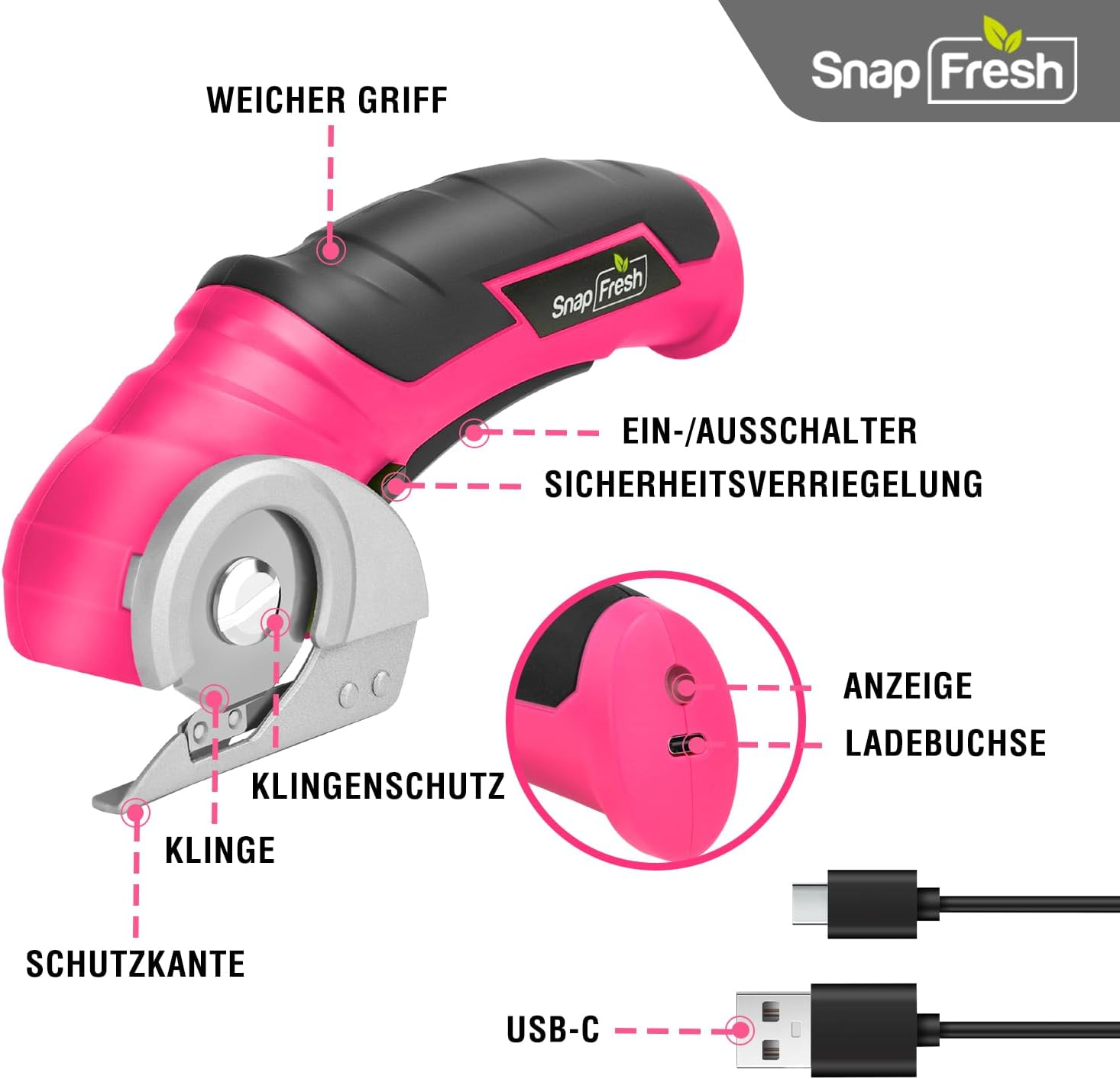 Ein rosa-schwarzer elektrischer Rotationsschneider mit deutschen Bezeichnungen. Enthält Klinge, Sicherheitsmerkmale, Ladeanschluss und USB-C.