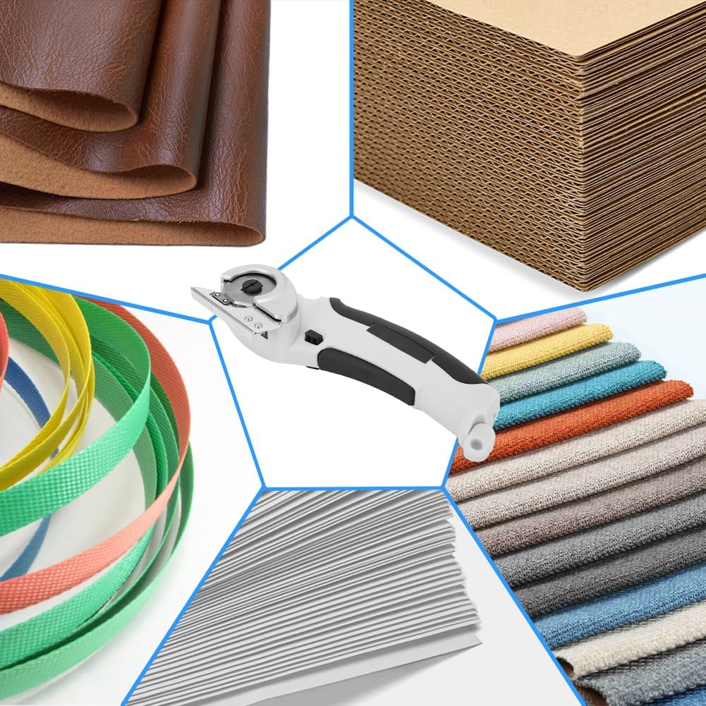 Das Bild zeigt verschiedene Materialien: Leder, Pappe, Stoffmuster, Bänder und Papier, zusammen mit einem Rollschneider.