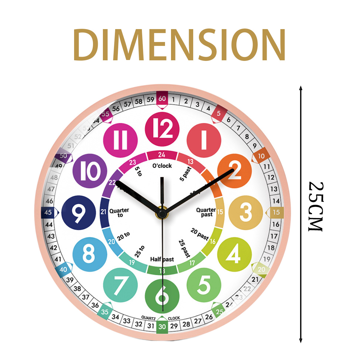 Eine farbenfrohe Uhr zeigt die Zeit an, mit Zahlen und Wörtern am Rand. Die Abmessung beträgt 25 cm. Die Uhr hat schwarze Zeiger.