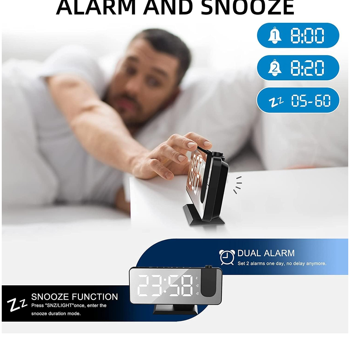 Ein Mann greift nach einem schwarzen Wecker. Die Uhr zeigt die Zeit an. Text zeigt Alarm- und Schlummerfunktionen.