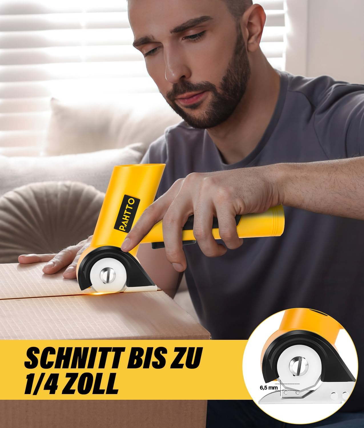 Ein Mann schneidet einen Pappkarton mit einem gelben Cutter. Auf dem Karton steht: Schnitt bis zu 1/4 Zoll. Ein Diagramm zeigt 6,5 mm.