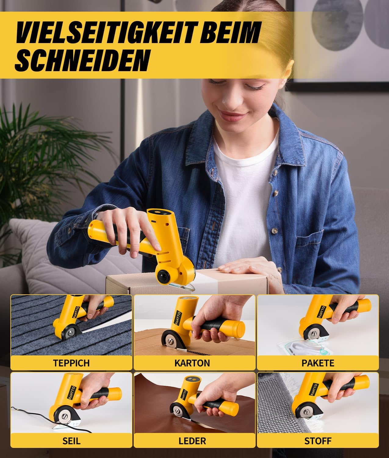 Eine Frau benutzt einen gelben Cutter auf einer Schachtel. Darunter zeigt er den Cutter beim Schneiden von Teppich, Pappe, Paketen, Seil, Leder und Stoff.
