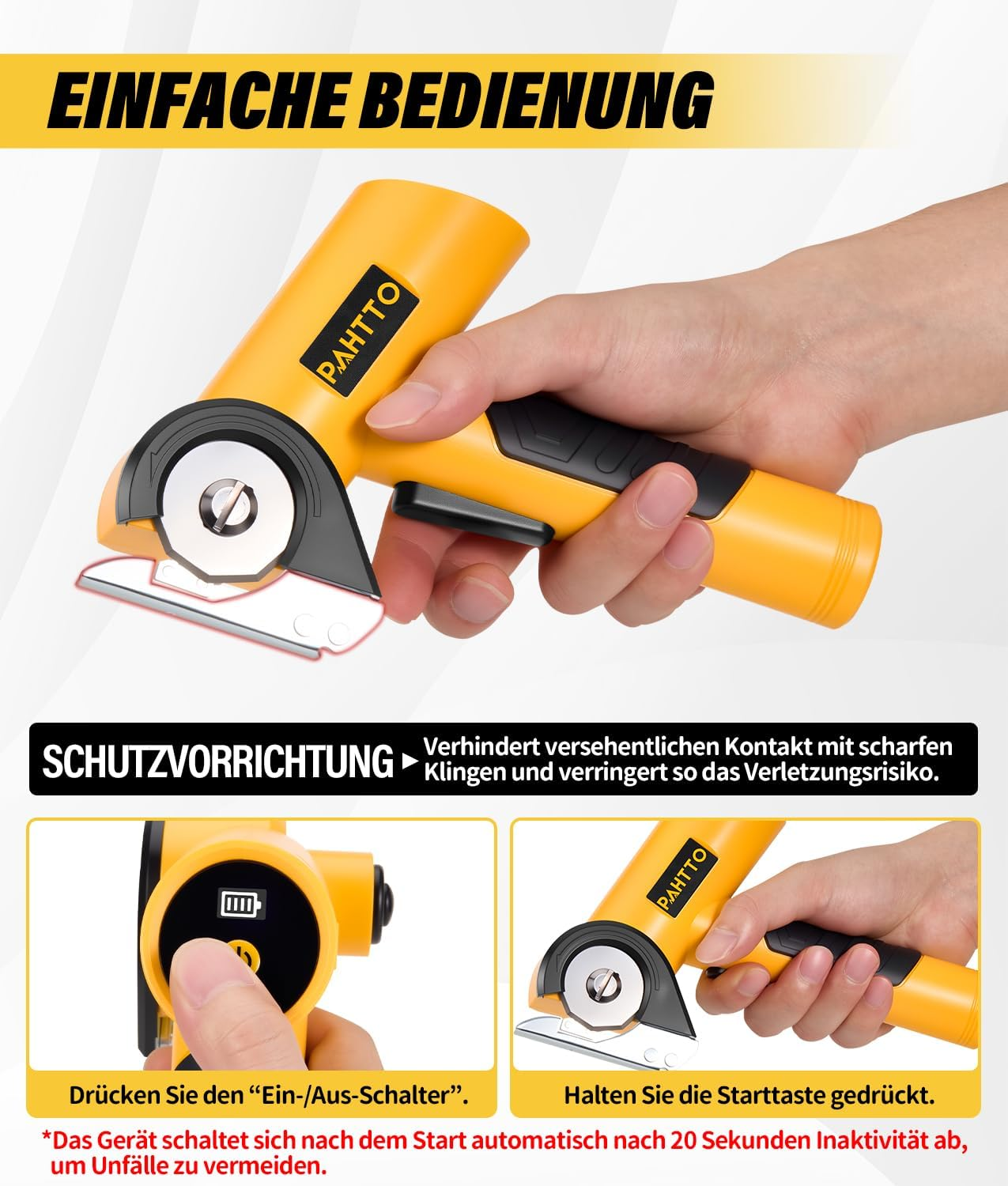 Eine gelbe Schneidewerkzeug wird von einer Hand gehalten. Text sagt 'Einfache Bedienung' und 'Schutzvorrichtung'. Details zur Verwendung sind enthalten.