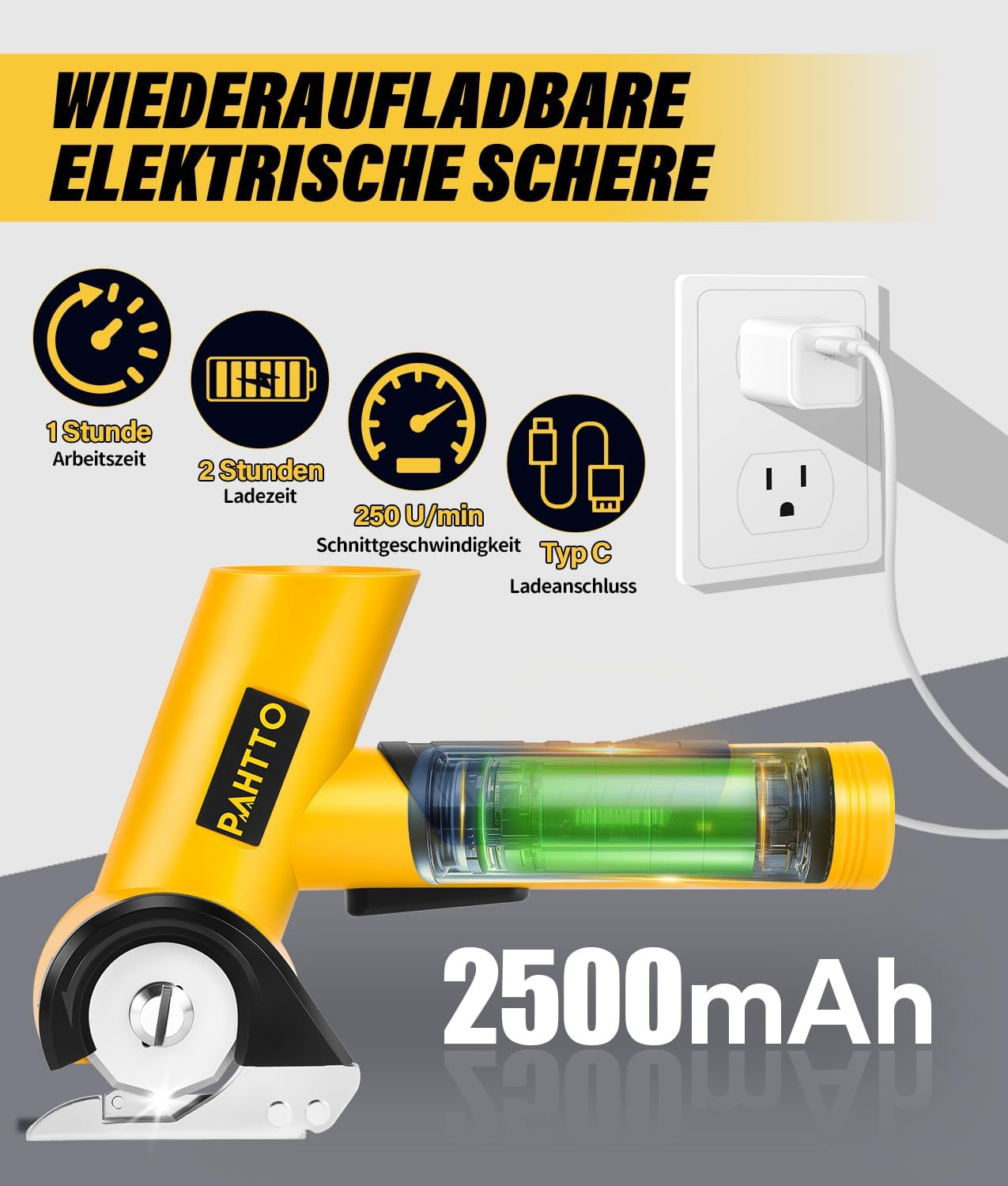 Gelbe elektrische Schere mit Akkuanzeige und Ladeanschluss. Text: 'WIEDERAUFLADBARE ELEKTRISCHE SCHERE'. Steckdose sichtbar.