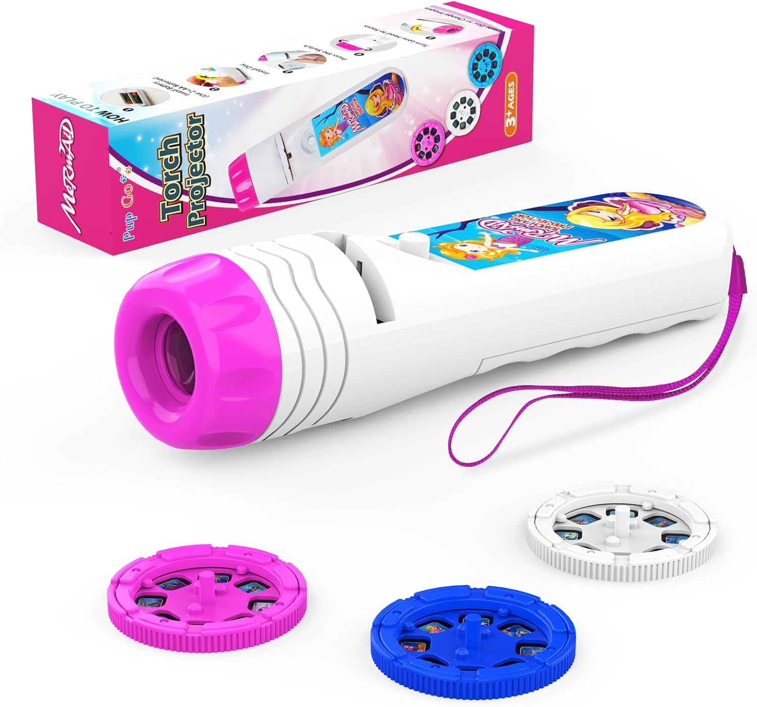 Ein weißer und pinkfarbener Spielzeugprojektor mit Scheiben und einer Schachtel. Der Projektor hat eine pinkfarbene Linse und einen lila Riemen. Die Schachtel ist pink und weiß.