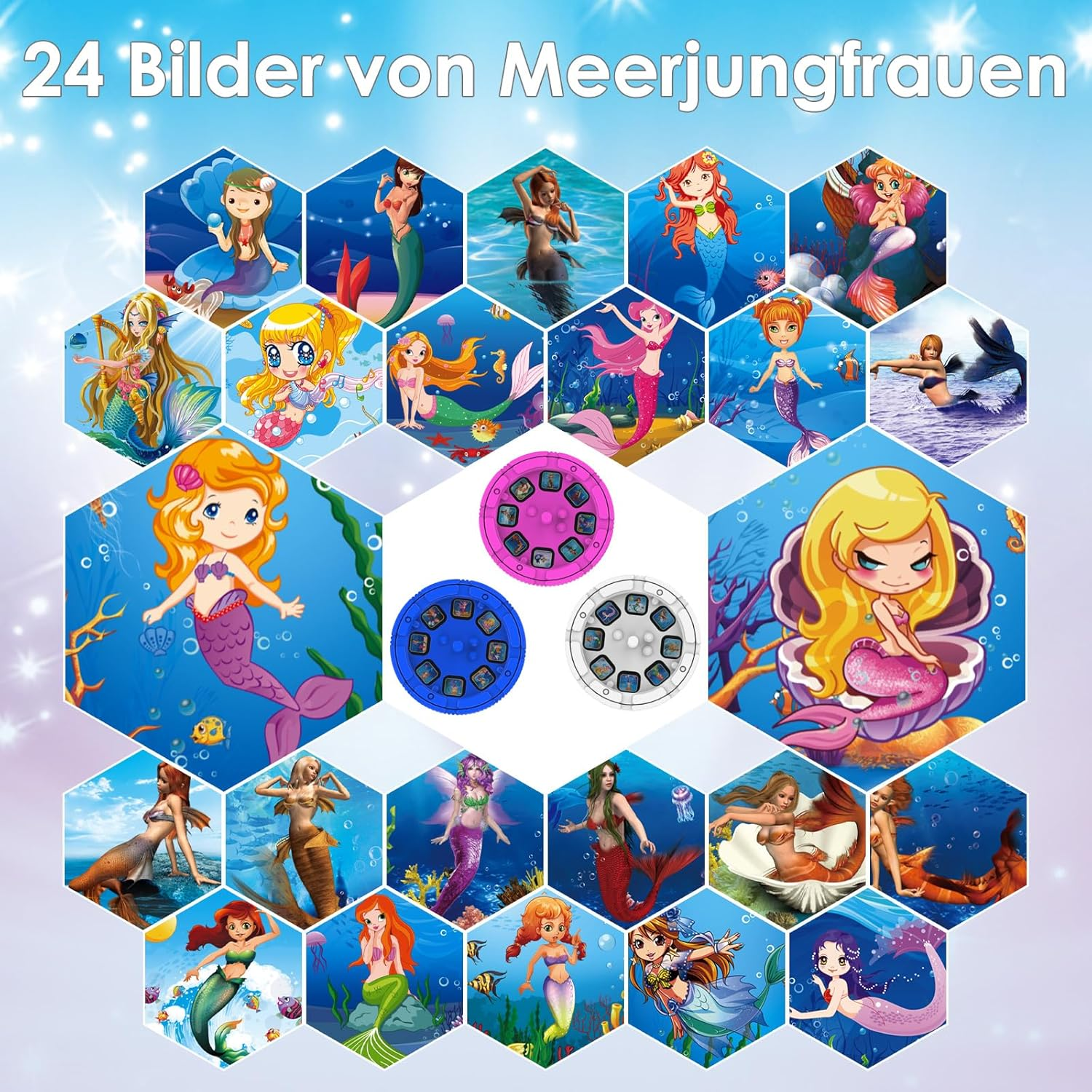 Ein Bild mit 24 Meerjungfrauen-Illustrationen in sechseckigen Rahmen. Ein Projektor und ein blauer Himmel im Hintergrund. Der Text '24 Bilder von Meerjungfrauen'.