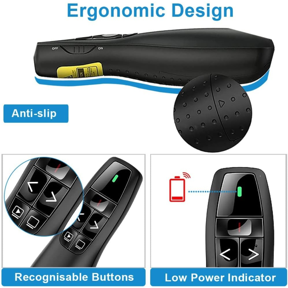Schwarze Präsentationsfernbedienung. Merkmale sind ergonomisches Design, Anti-Rutsch, erkennbare Tasten und eine Batteriestandsanzeige.