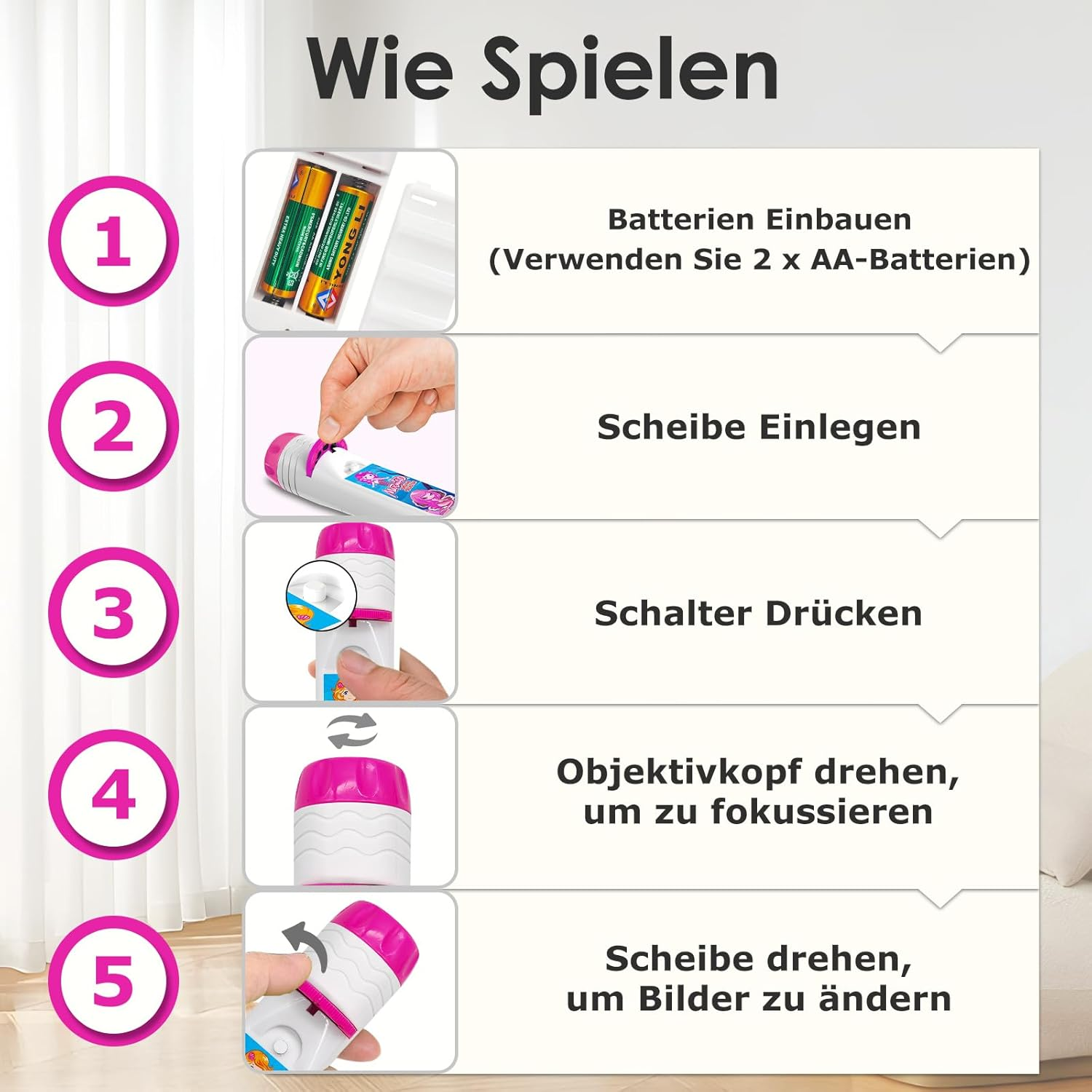 Anweisungen zur Verwendung eines Spielzeugs. Schritt 1: Batterien einlegen. Schritt 2: Scheibe einlegen. Schritt 3: Schalter drücken. Schritt 4: Objektiv drehen.