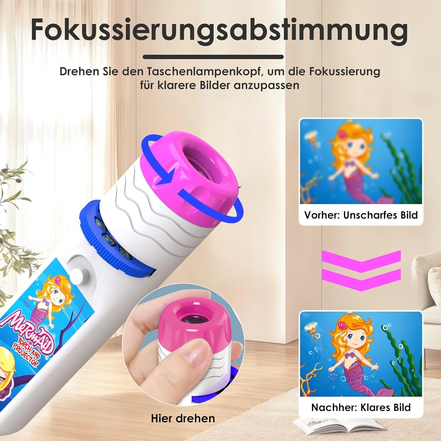 Ein weißer und rosa Meerjungfrau-Projektor mit einem Meerjungfrau-Bild, zeigt vorher und nachher Fokus mit Meerjungfrau-Bildern. Text sagt "Fokus-Anpassung".