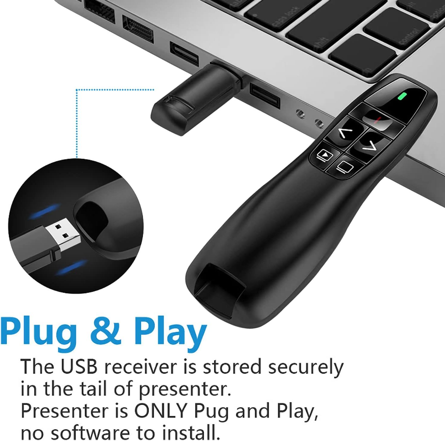 Ein schwarzer Präsentator mit Tasten ist mit einem Laptop verbunden. Ein USB-Empfänger ist ebenfalls angeschlossen. Der Text 'Plug & Play' ist sichtbar.