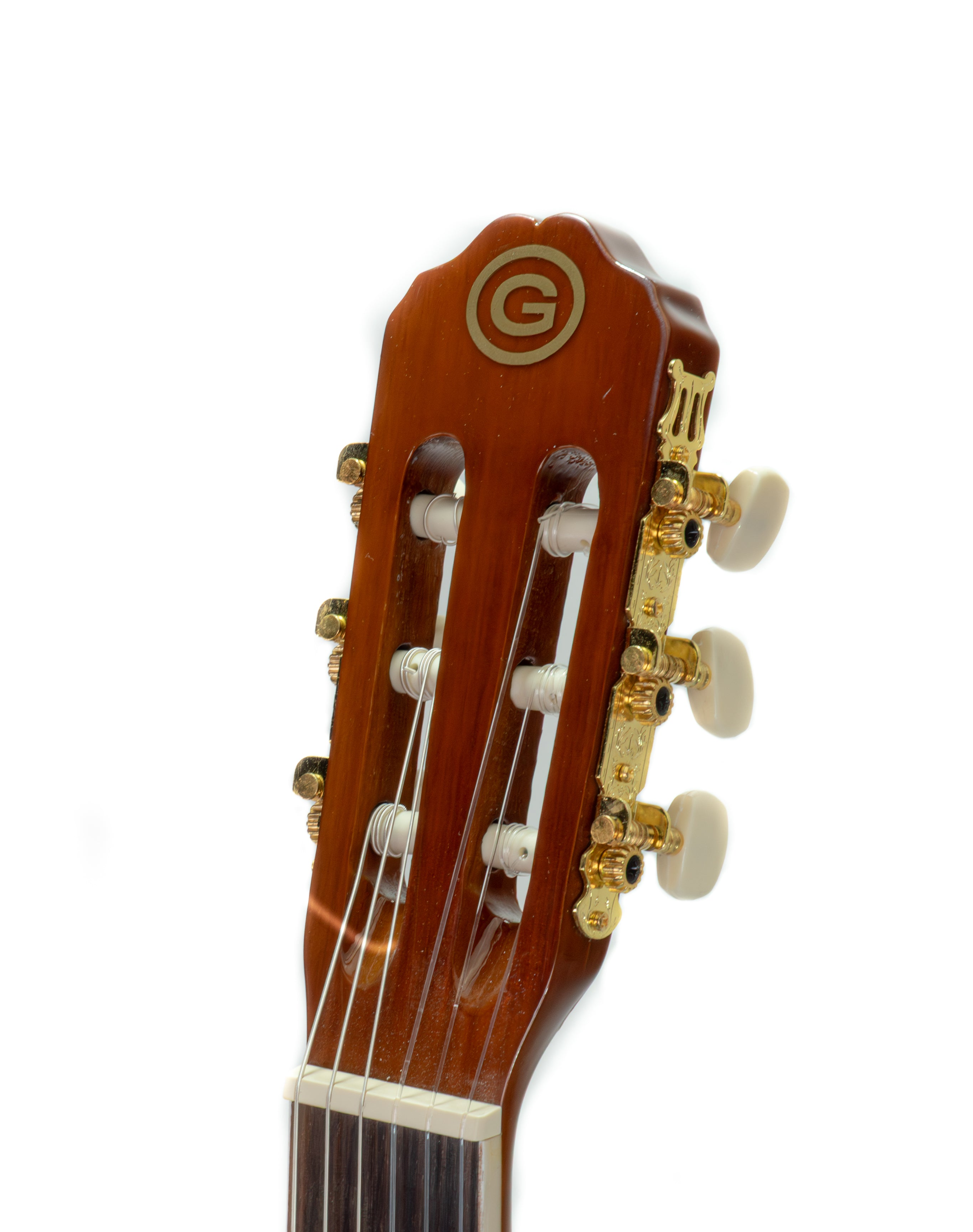 Nahaufnahme der Gitarrenkopfplatte. Braunes Holz mit goldenen Stimmwirbeln und einem 'G'-Logo. Saiten sind sichtbar.