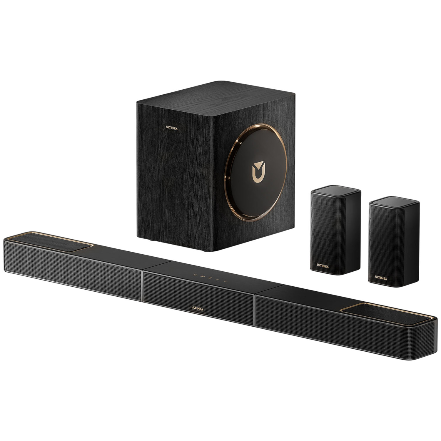 Czarny system dźwiękowy z soundbarem, subwooferem i dwoma głośnikami. Złote wykończenia i logo na czarnym tle.
