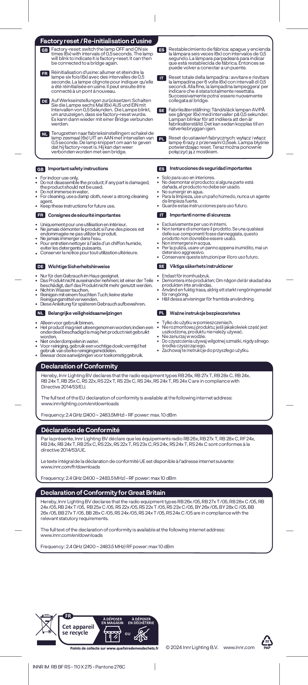 Text über Werkseinstellungen, Sicherheit, und Konformitätserklärungen. Weißer Hintergrund.