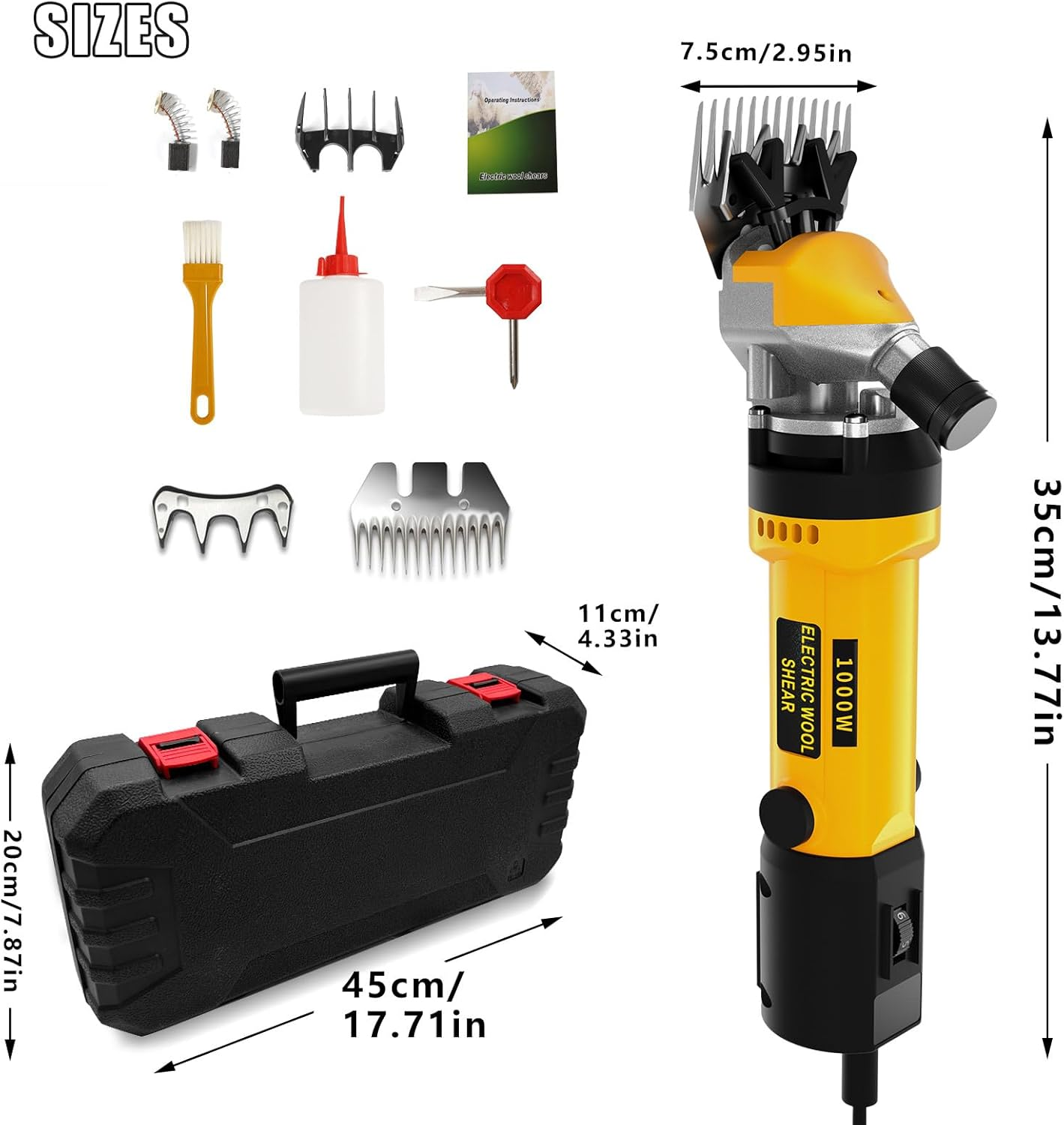 Ein elektrisches Schafschur-Set. Enthält Schere, Zubehör und einen schwarzen Koffer, mit Größenangaben in Zentimetern und Zoll.