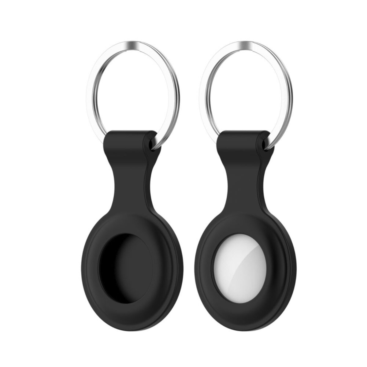 Zwei schwarze Schlüsselanhänger mit silbernen Ringen. Einer hat einen dunklen Kreis, der andere einen weißen Kreis.