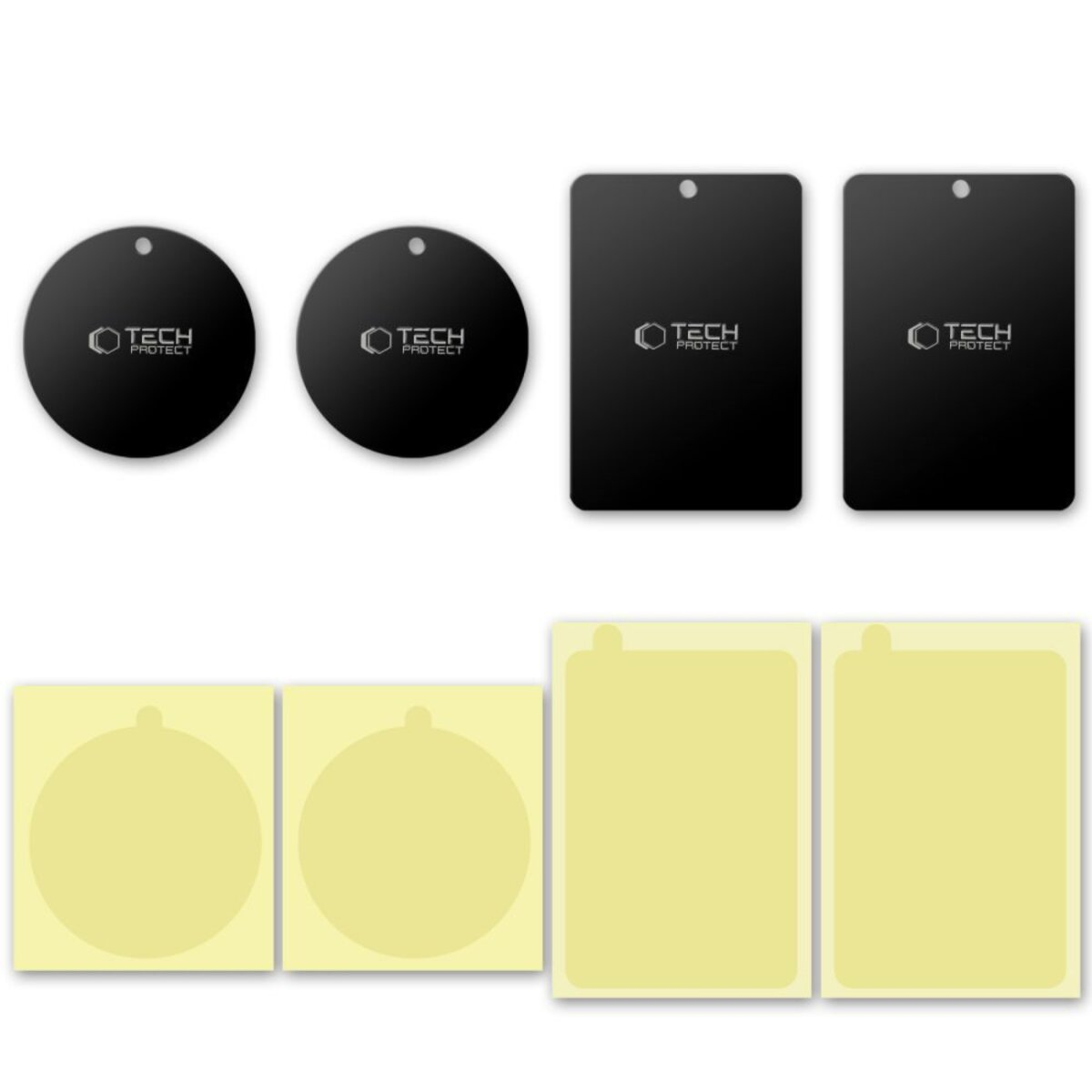 Das Bild zeigt schwarze kreisförmige und rechteckige Tech Protect-Artikel und gelbe Klebepads. Verschiedene Formen und Größen sind abgebildet.