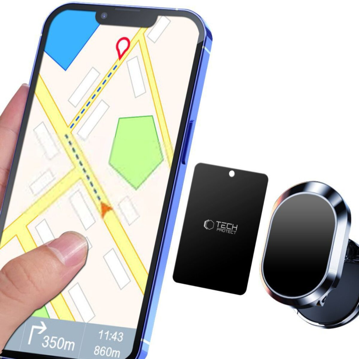 Hand hält ein Telefon mit einer Karte, mit einer magnetischen Autohalterung und Platte. Das Telefon ist blau und die Karte enthält Navigation.