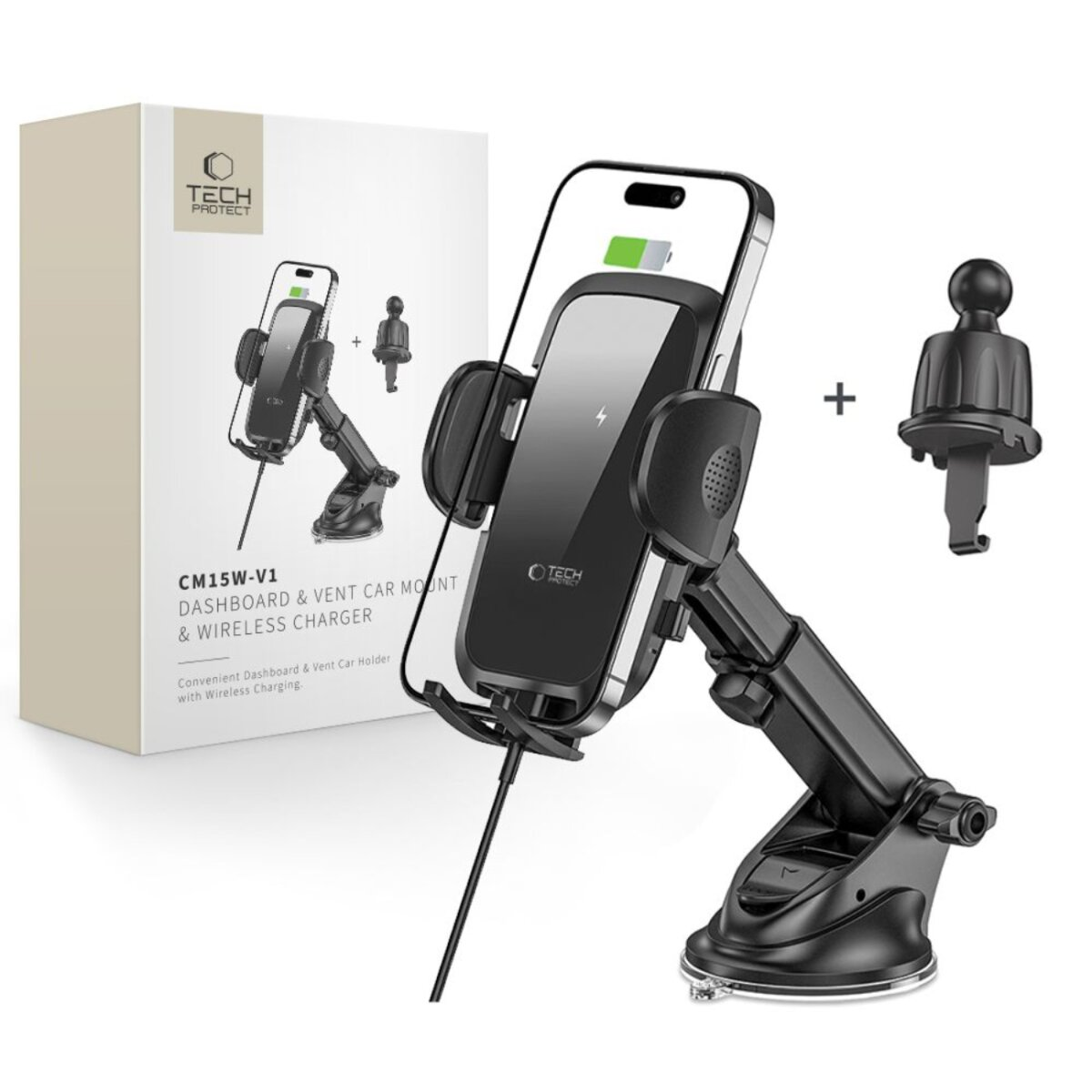 Eine Auto-Telefonhalterung mit Telefon, Karton und zusätzlichem Lüftungsclip. Das Telefon lädt. Die Box zeigt die Halterung und das Telefon.