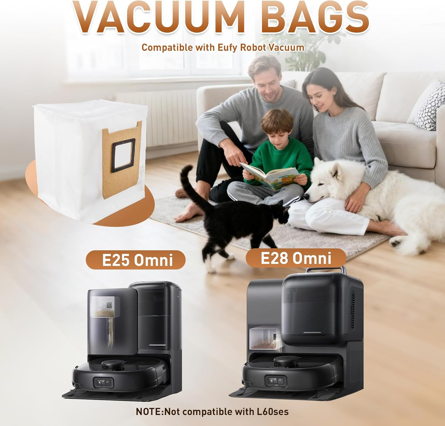 Das Bild zeigt Staubsaugerbeutel, einen Eufy-Roboterstaubsauger, eine lesende Familie, einen weißen Hund und eine schwarze Katze. Die Modelle E25 und E28 sind abgebildet.