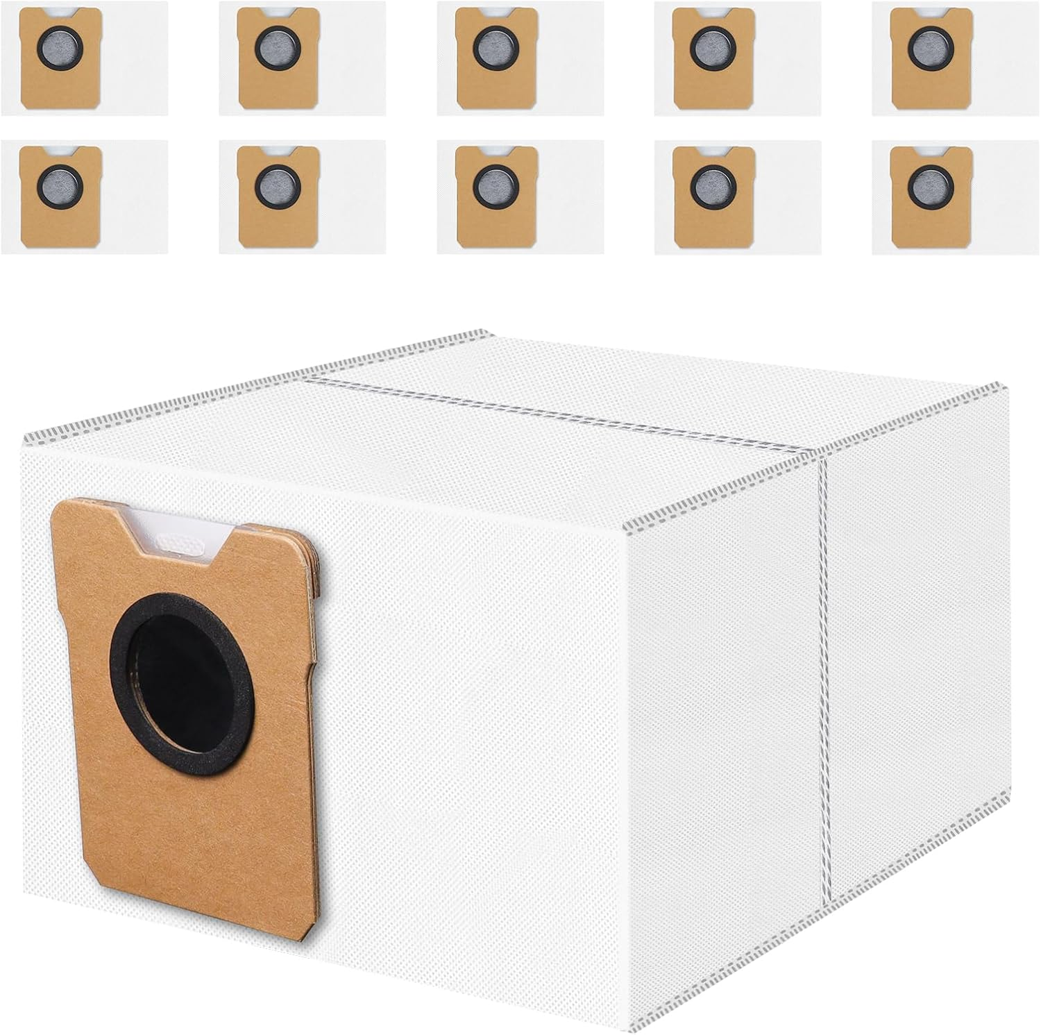 Eine weiße Box mit mehreren braunen und schwarzen kreisförmigen Filtern oben. Ein großer Filter ist an der Seite der Box befestigt.