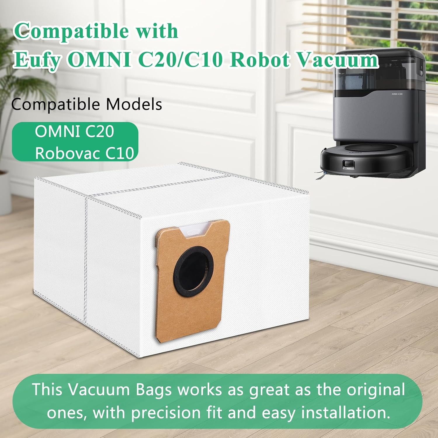 Das Bild zeigt Staubsaugerbeutel und einen Roboter-Staubsauger. Text gibt Kompatibilität mit Eufy OMNI C20/C10 und einfache Installation an.