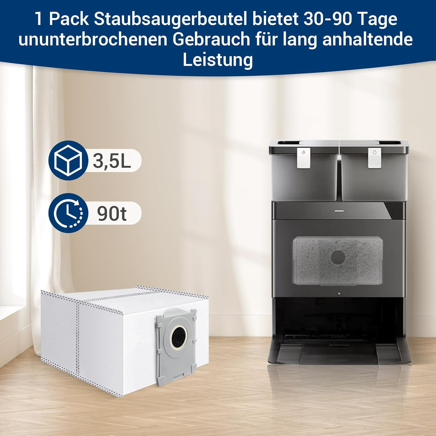 Das Bild zeigt einen Staubsaugerbeutel und einen Roboter-Staubsauger. Text weist auf 30-90 Tage Nutzung hin.