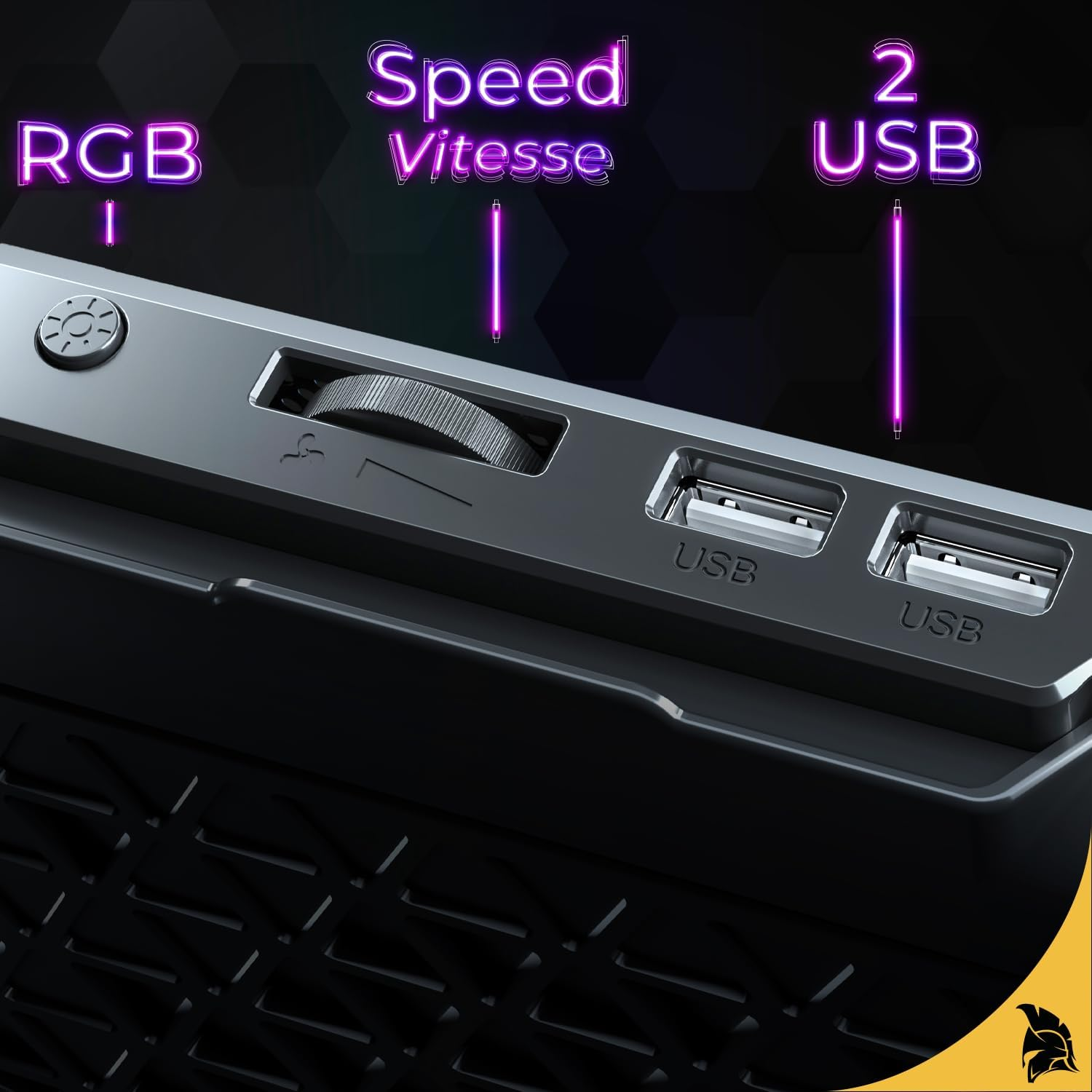Nahaufnahme eines schwarz-silbernen Geräts mit RGB, Geschwindigkeit und 2 USB-Anschlüssen. Der Hintergrund ist dunkel mit violetten Akzenten.