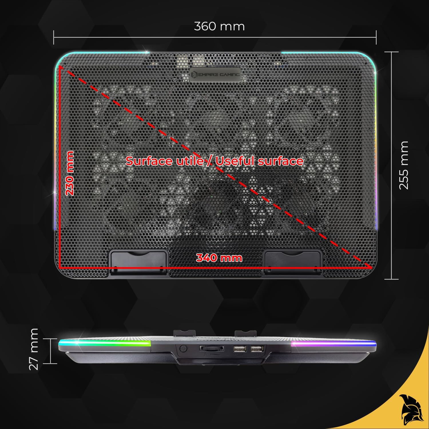 Ein schwarzer Laptop-Kühler mit Abmessungen. Die Oberseite hat eine perforierte Oberfläche. Es hat mehrfarbige LED-Leuchten an der Seite.