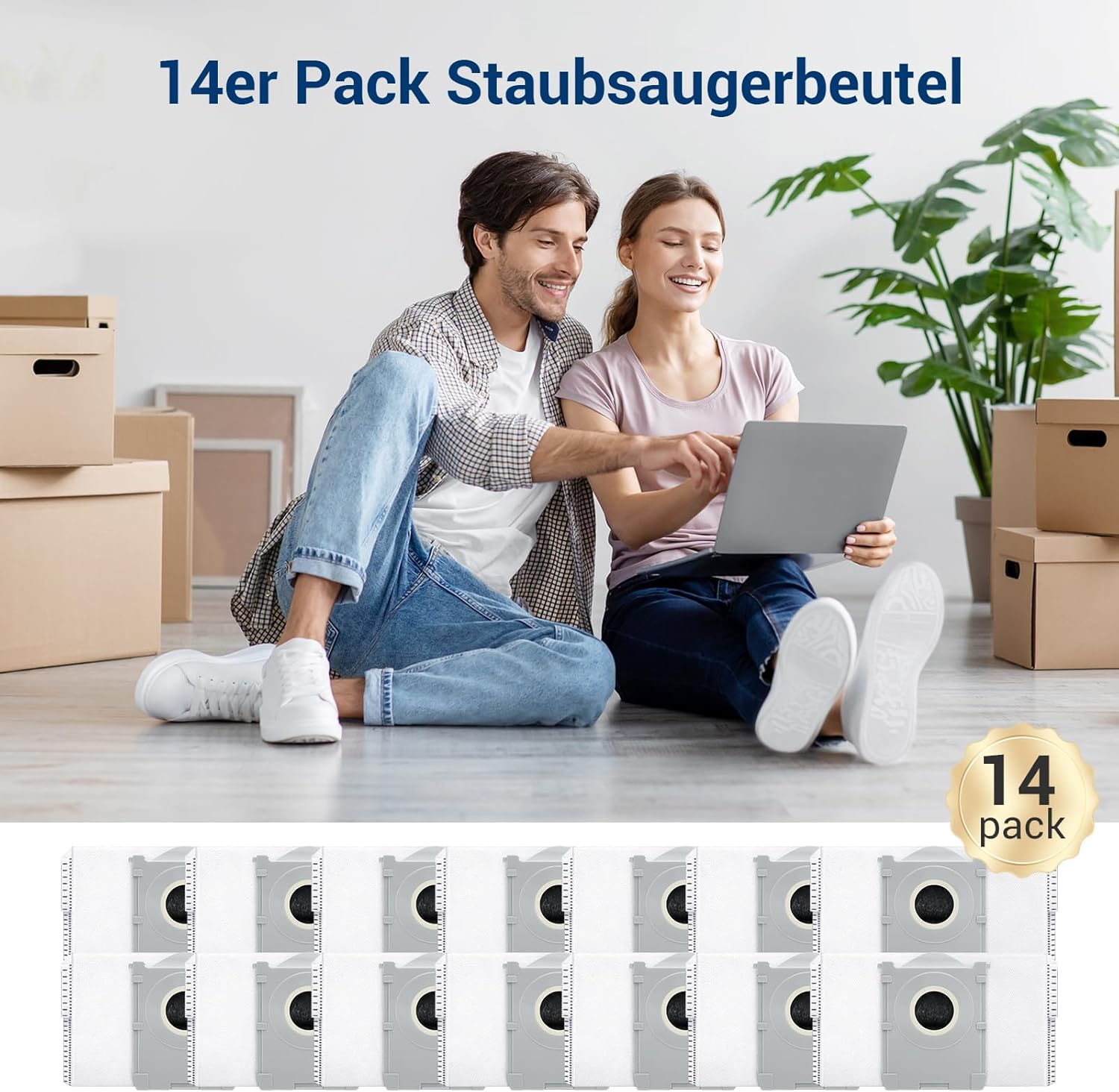 Ein Paar sitzt mit einem Laptop. 14 Staubsaugerbeutel werden darunter angezeigt. Kartons und eine Pflanze sind im Hintergrund.