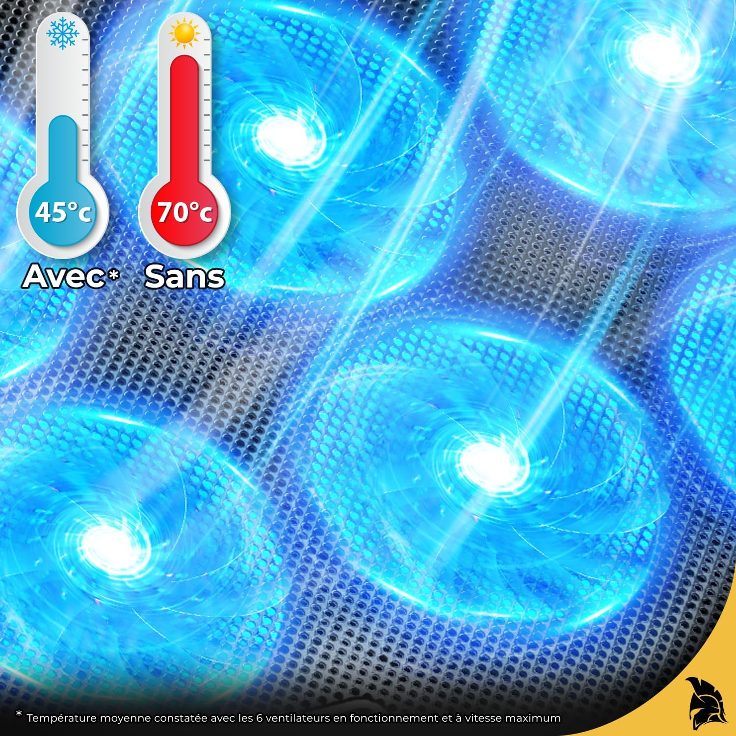 Das Bild zeigt zwei Thermometer, die 45°C und 70°C anzeigen. Der Hintergrund hat blaue, leuchtende Ventilatoren mit dem Text 'Avec' und 'Sans'.