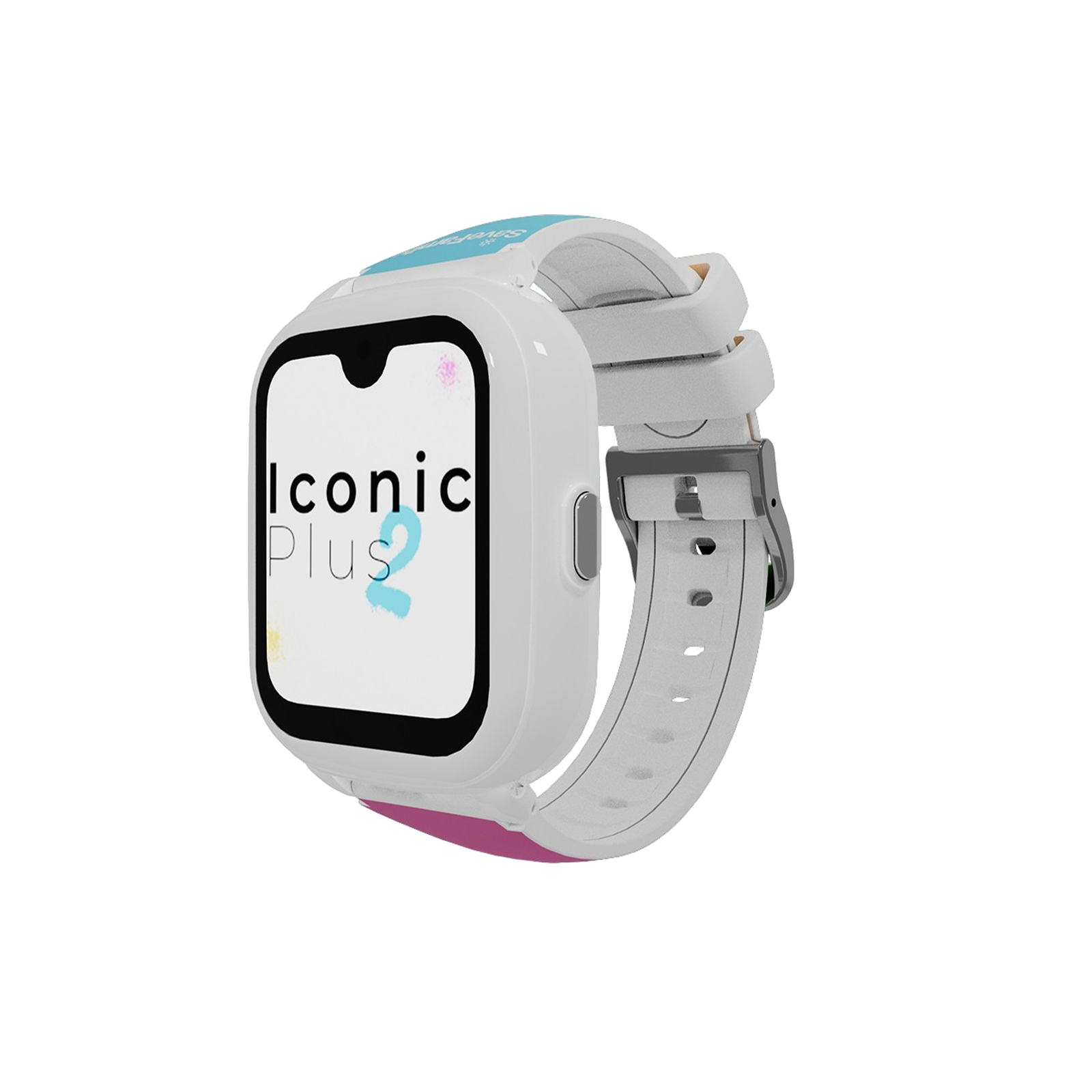 Eine weiße Smartwatch mit schwarzem Bildschirm, auf dem 'Iconic Plus 2' steht. Das Band ist weiß und grau mit rosa Akzent.