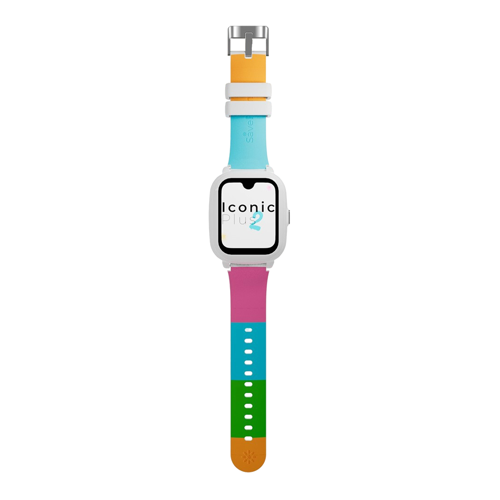 Eine bunte Smartwatch mit weißem Zifferblatt und einem Armband aus orangefarbenen, blauen, rosa, grünen und braunen Abschnitten.
