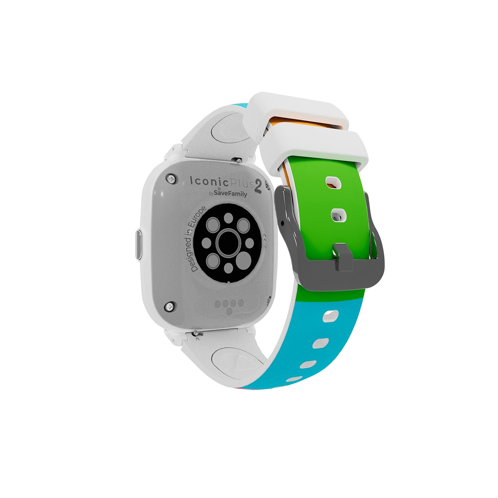 Weiße Smartwatch mit blauem, grünem Armband. Die Uhr hat einen grauen Rücken mit schwarzen Kreisen. IconicPlus2 by SaveFamily.