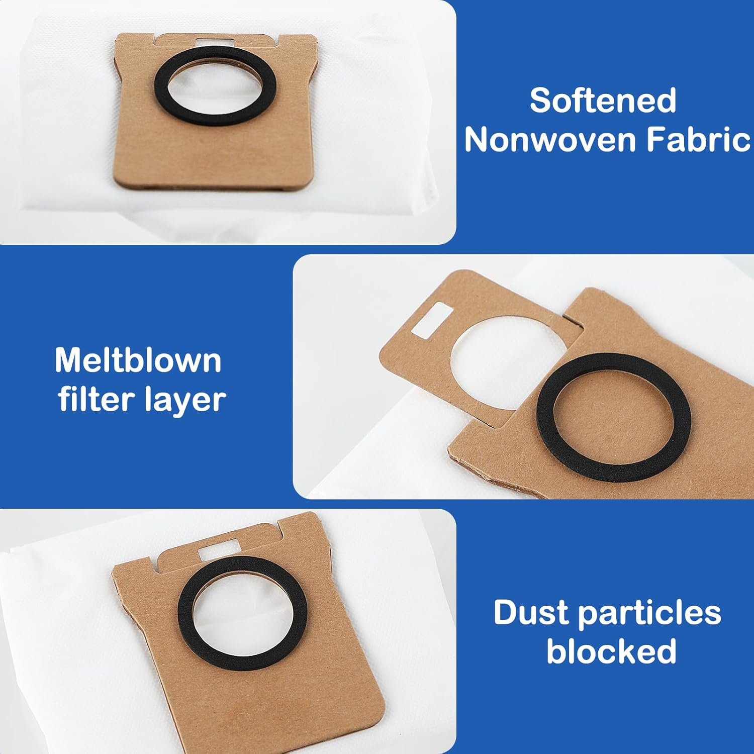 Das Bild zeigt Teile eines Staubsaugerfilters. Es hat einen braunen Kartonteil mit einem schwarzen Ring und weißem Stoff.