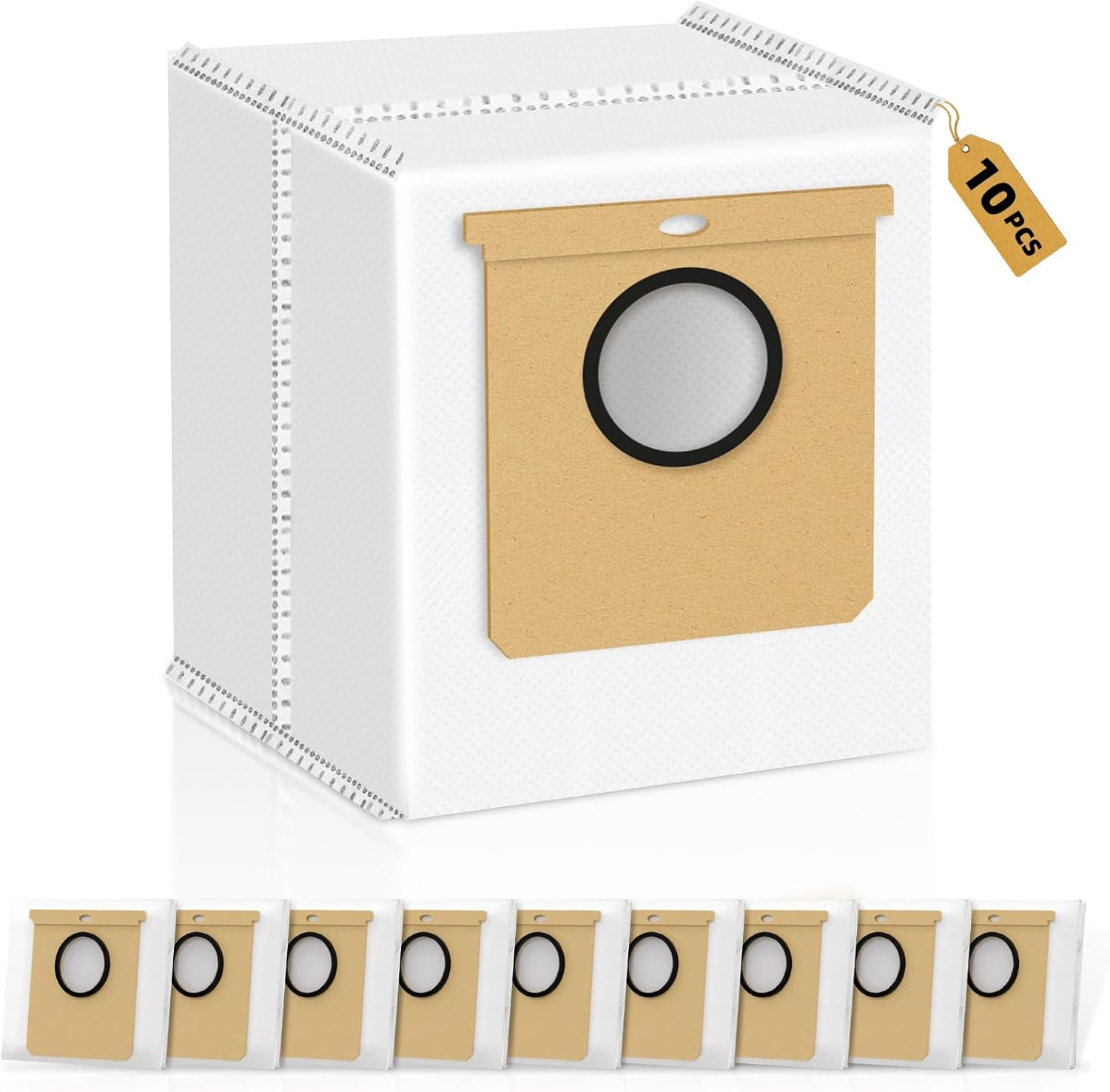 Eine weiße Box mit braunem Papierabschnitt und schwarzem Kreis sowie 9 Staubsaugerbeuteln.