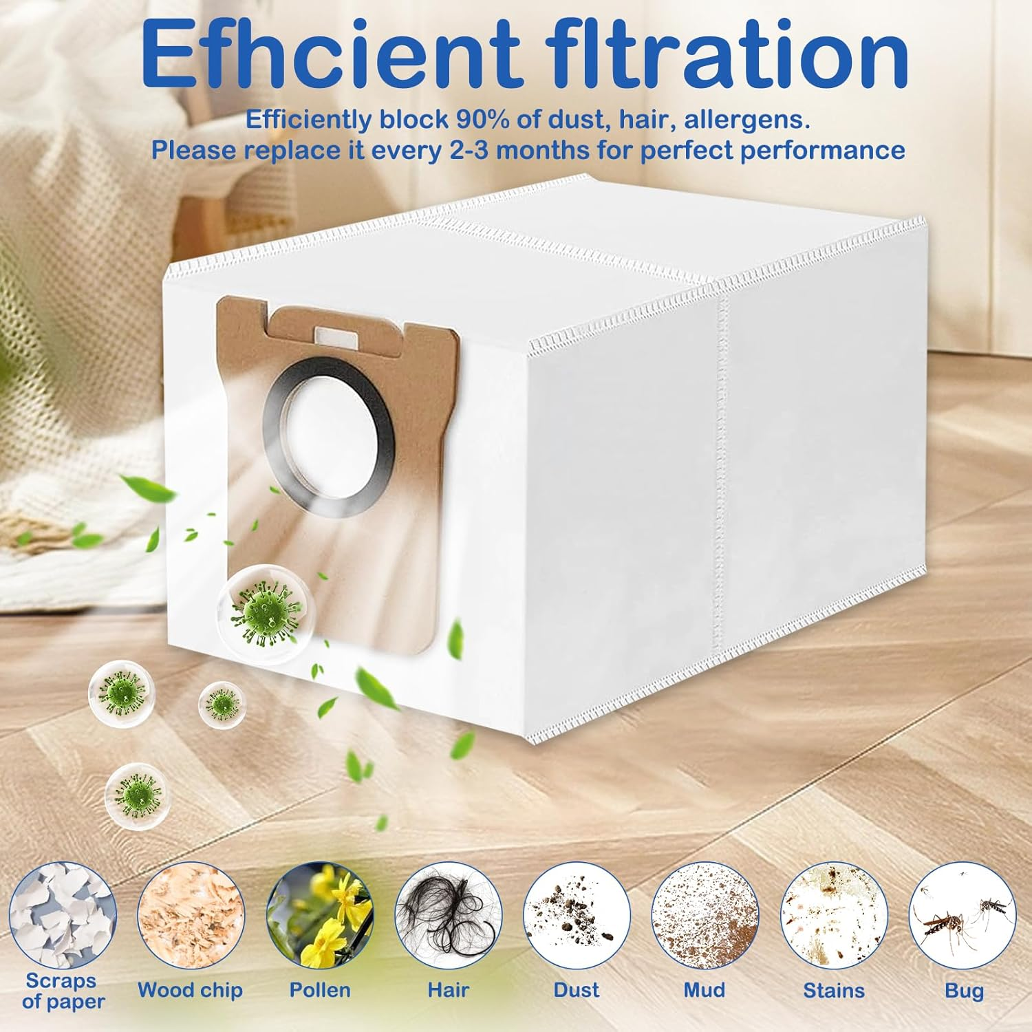 Ein weißer Filterbeutel mit braunem Papierteil und schwarzem Kreis. Symbole für Staub, Haare und Insekten sind abgebildet.