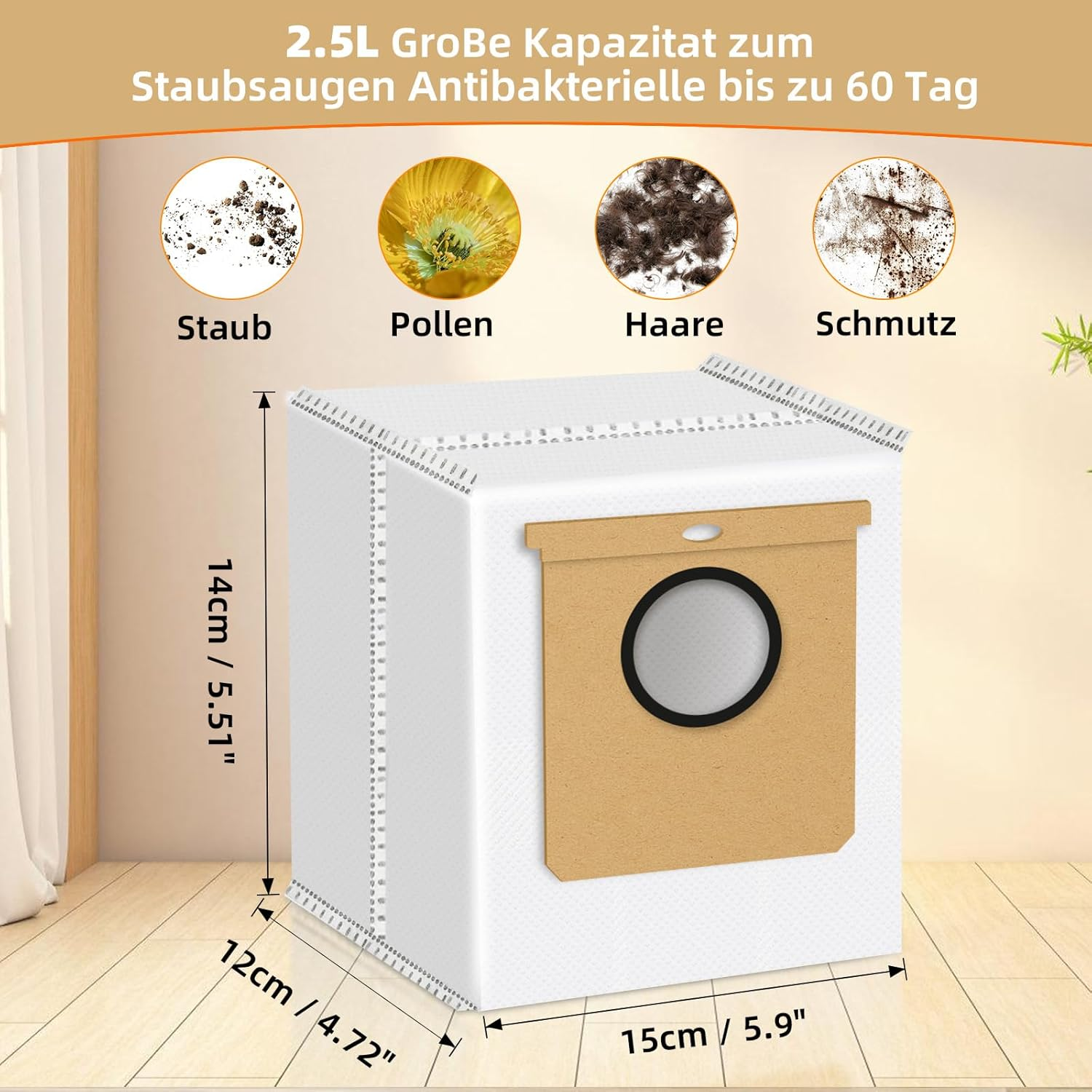 Ein Staubsaugerbeutel mit Schmutzproben wie Staub, Pollen, Haaren und Schmutz. Abmessungen sind in cm und Zoll angegeben.