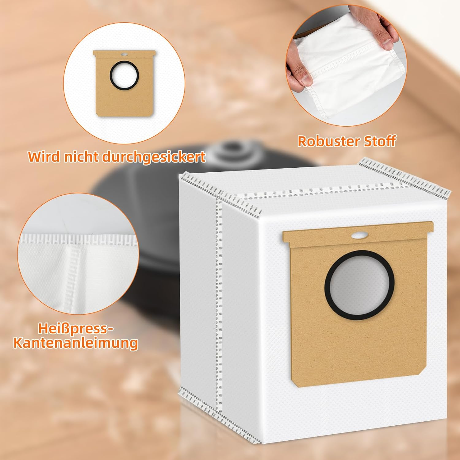 Staubsaugerbeutel mit braunem Papierfilter und schwarzem Ring. Nahaufnahmen des weißen Stoffs zeigen robustes Material und Heißpressung.