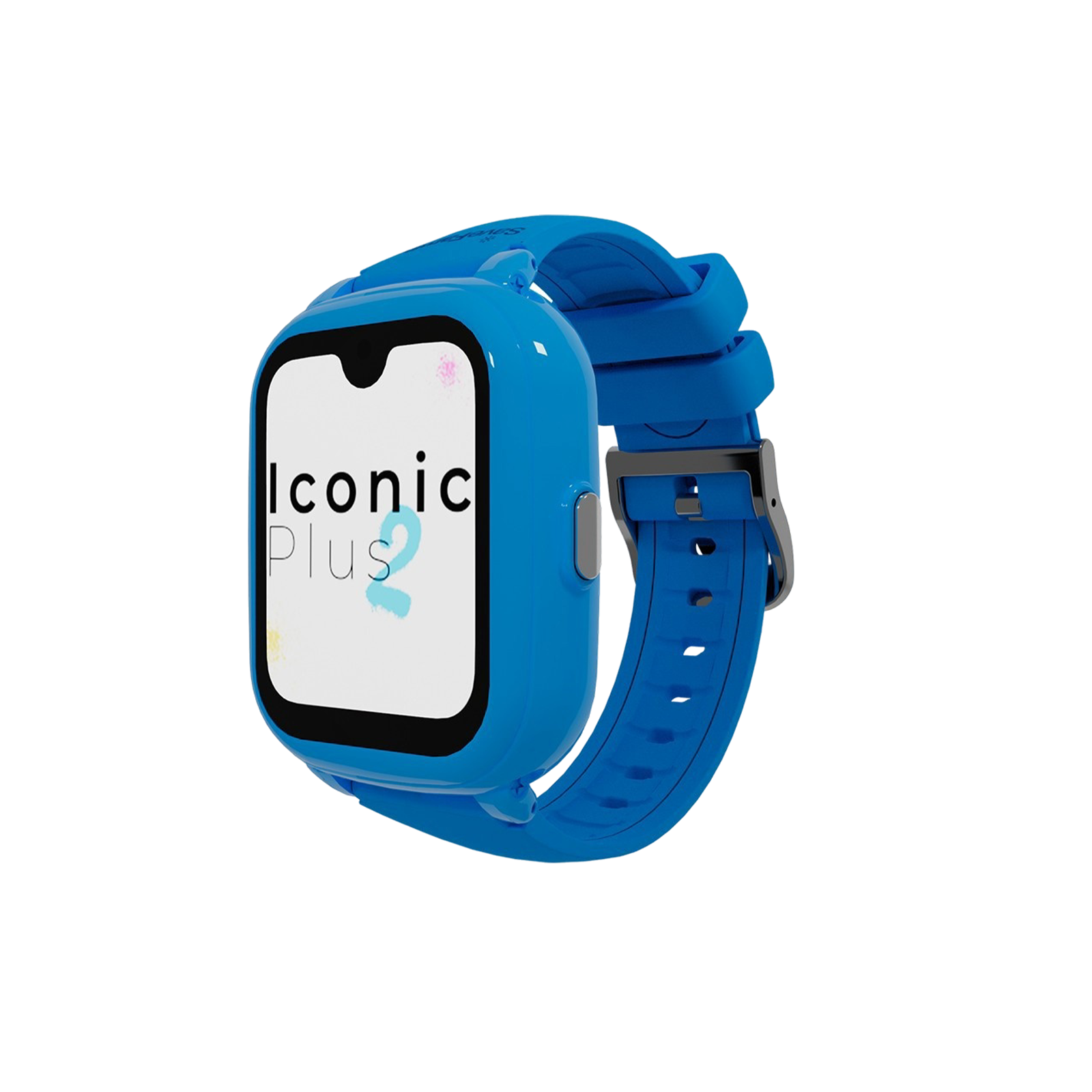 Eine blaue Smartwatch mit weißem Bildschirm, auf dem 'Iconic Plus 2' steht. Die Uhr befindet sich auf weißem Hintergrund.