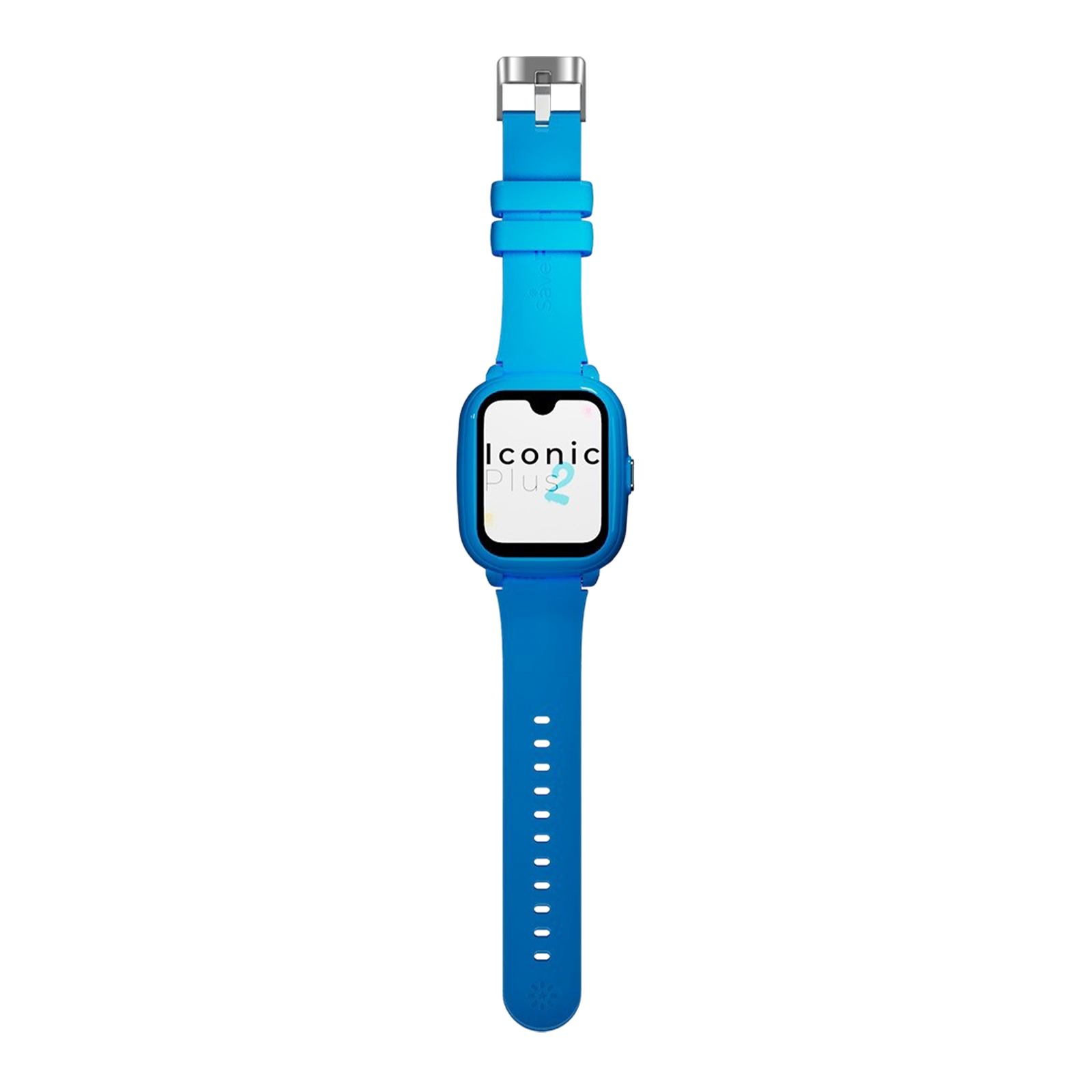 Blaue Smartwatch mit weißem Bildschirm, auf dem 'Iconic Plus 2' auf weißem Hintergrund angezeigt wird. Das Band hat Löcher.