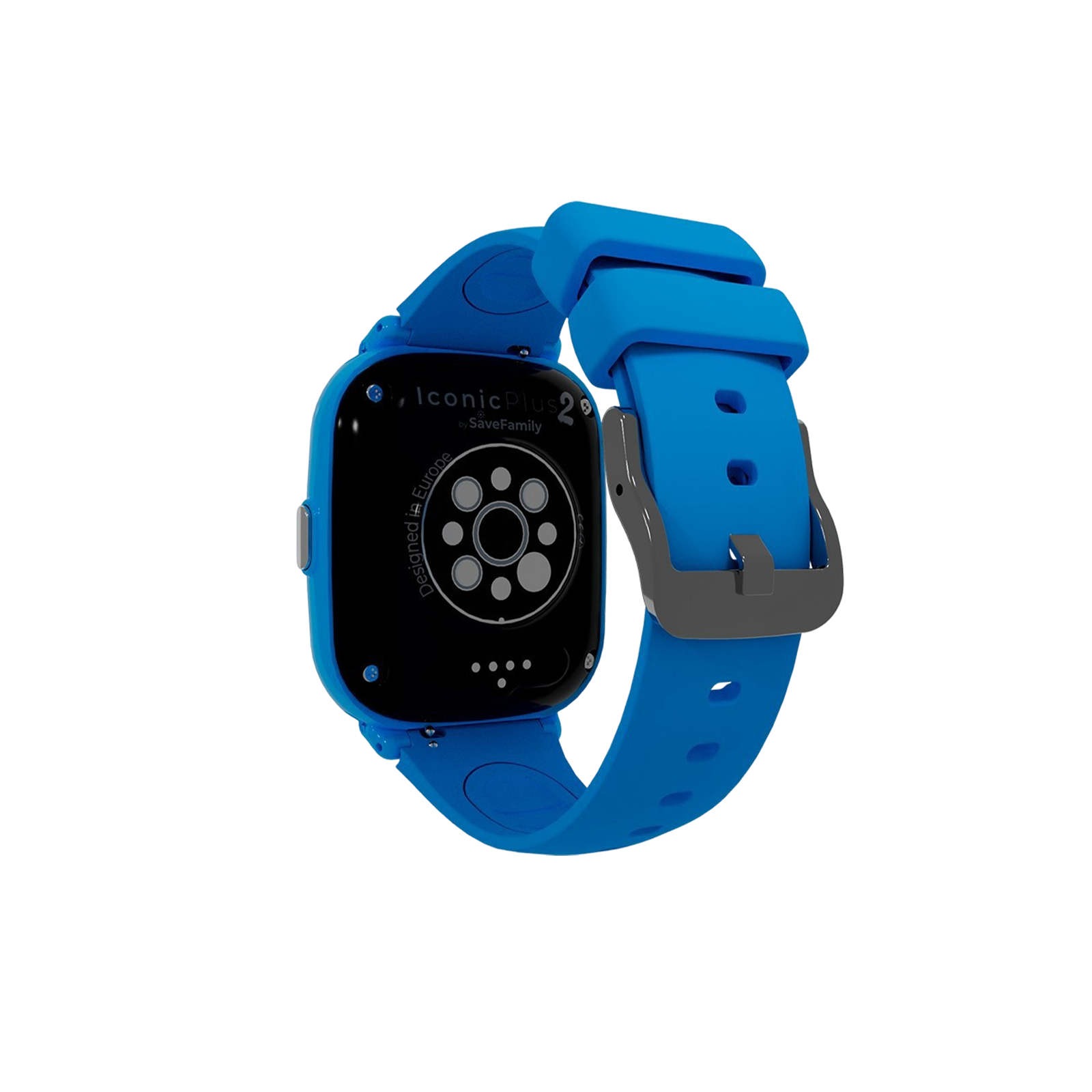 Blaue Smartwatch mit schwarzem Bildschirm und blauem Armband. Die Rückseite hat einen Herzfrequenzsensor. Die Schnalle ist grau.