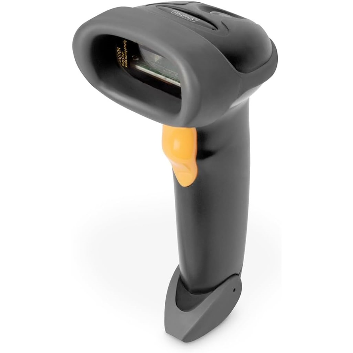 Ein handgehaltener schwarzer und grauer Barcode-Scanner mit einem orangefarbenen Auslöser auf weißem Hintergrund.