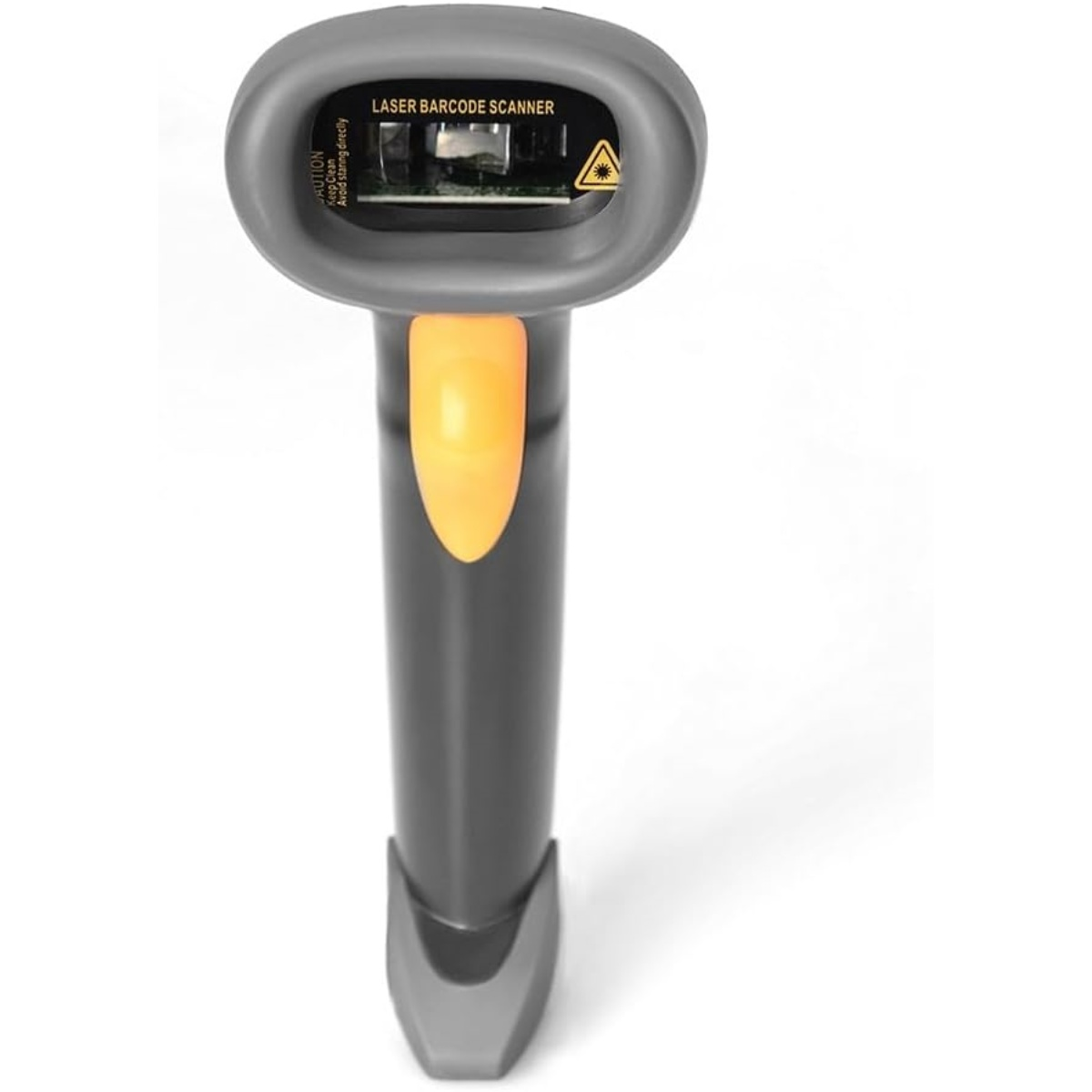 Ein grauer Laser-Barcode-Scanner mit orangefarbenem Auslöser und Warnhinweis. Der Scanner befindet sich auf weißem Hintergrund und wirft einen Schatten.