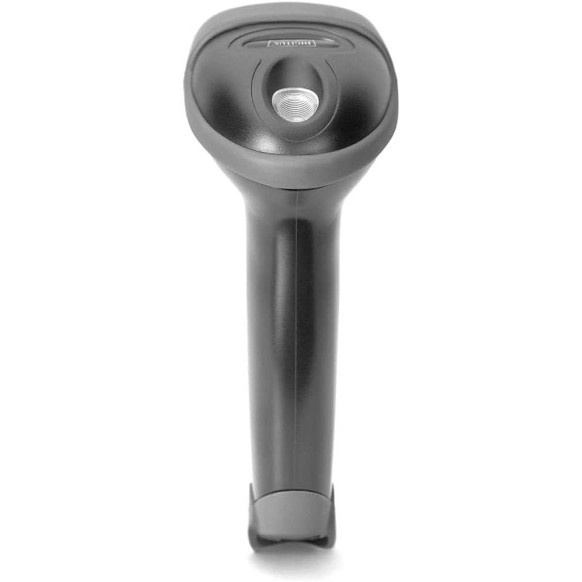 Ein tragbarer Barcodescanner. Er ist grau und schwarz. Der Scanner hat einen Griff und einen Abtastkopf mit einer Taste.
