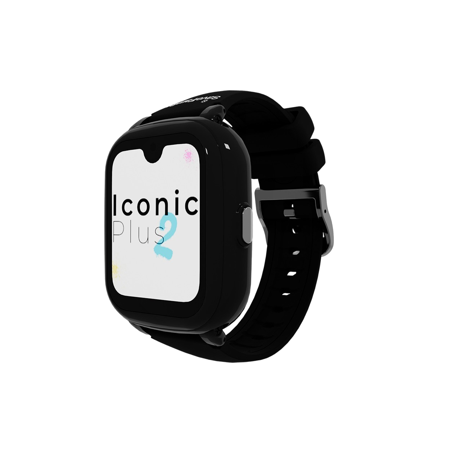 Schwarze Smartwatch mit schwarzem Armband, zeigt "Iconic Plus 2" auf dem Bildschirm, isoliert auf weißem Hintergrund.