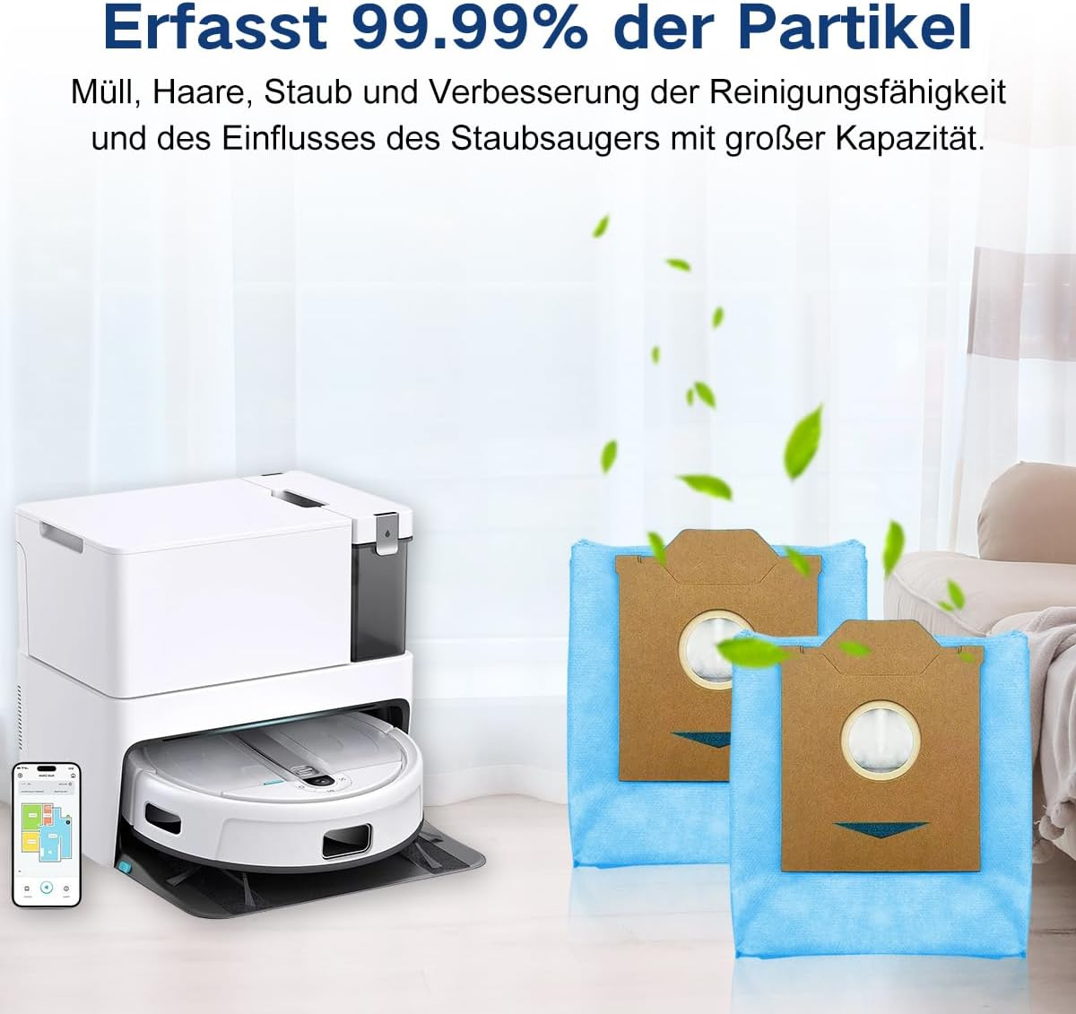 Weißer Roboterstaubsauger, Ladestation, zwei blaue Beutel mit braunen Einsätzen. Grüne Blätter sind verstreut.