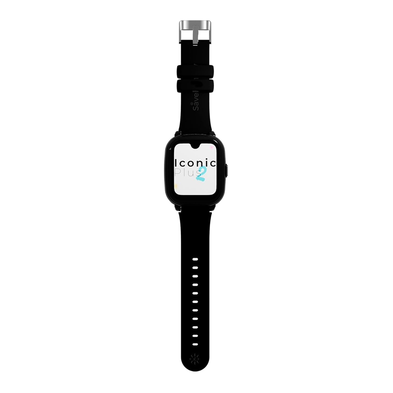 Eine schwarze Smartwatch auf weißem Hintergrund. Sie hat ein schwarzes Armband, eine silberne Schnalle und das Display zeigt 'Iconic Plus 2'.