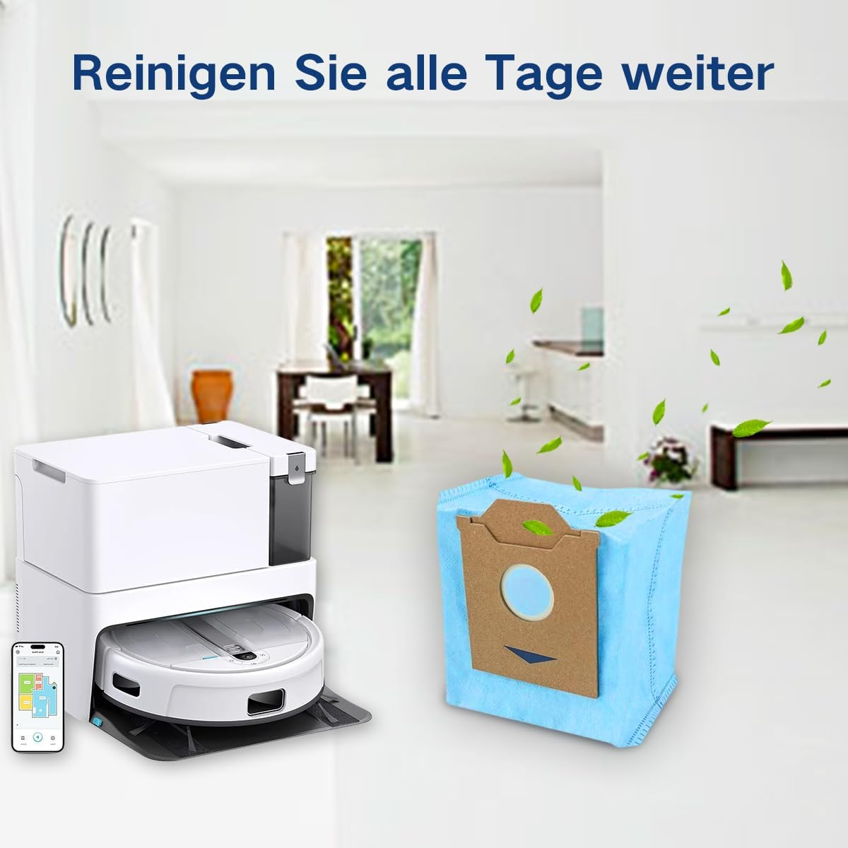Ein weißer Roboterstaubsauger, ein blauer Filterbeutel und ein Smartphone sind abgebildet. Grüne Blätter sind verstreut.