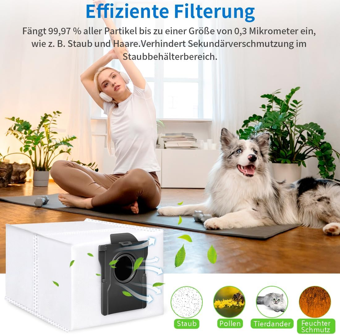 Eine Frau dehnt sich in der Nähe eines Hundes, Pflanzen und eines Luftfilters. Der Filter zeigt Staub-, Pollen-, Tierhaar- und Schmutzverhinderung.