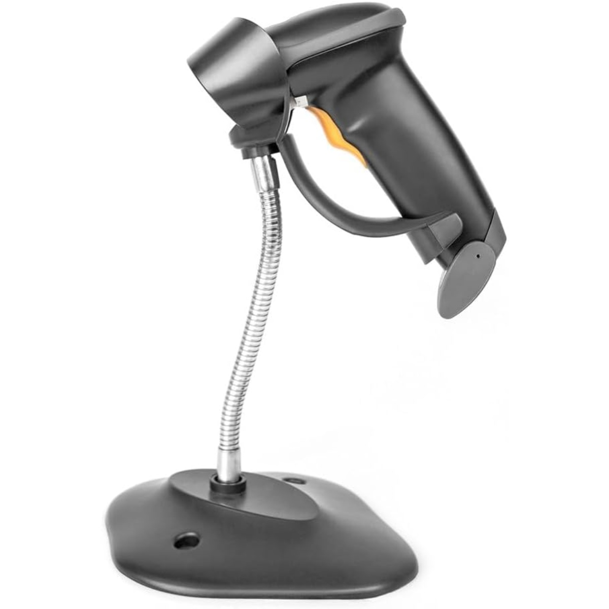 Ein schwarzer Barcode-Scanner mit silbernem Schwanenhals steht auf einem schwarzen Sockel. Der Griff hat eine orangefarbene Taste.
